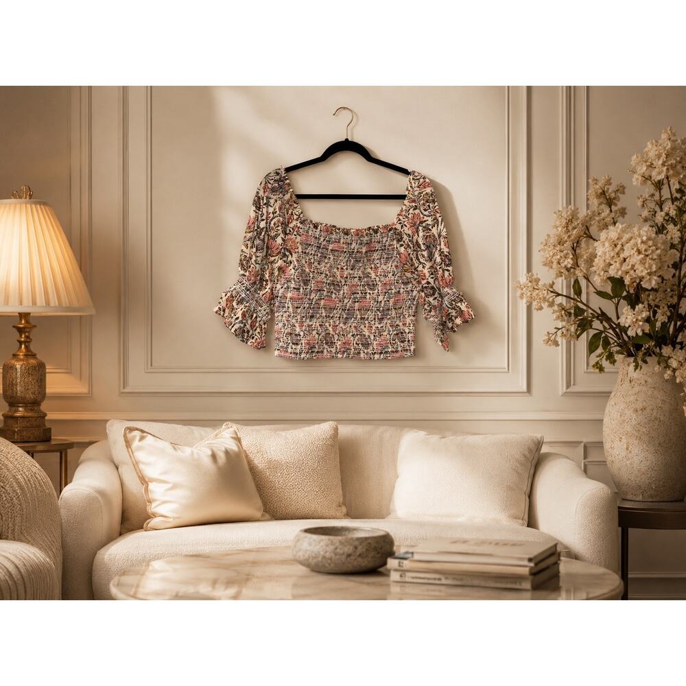 Talisman Firelight Floral Smocked Cotton Top Square Neck Puff Sleeve XL NWT Chic